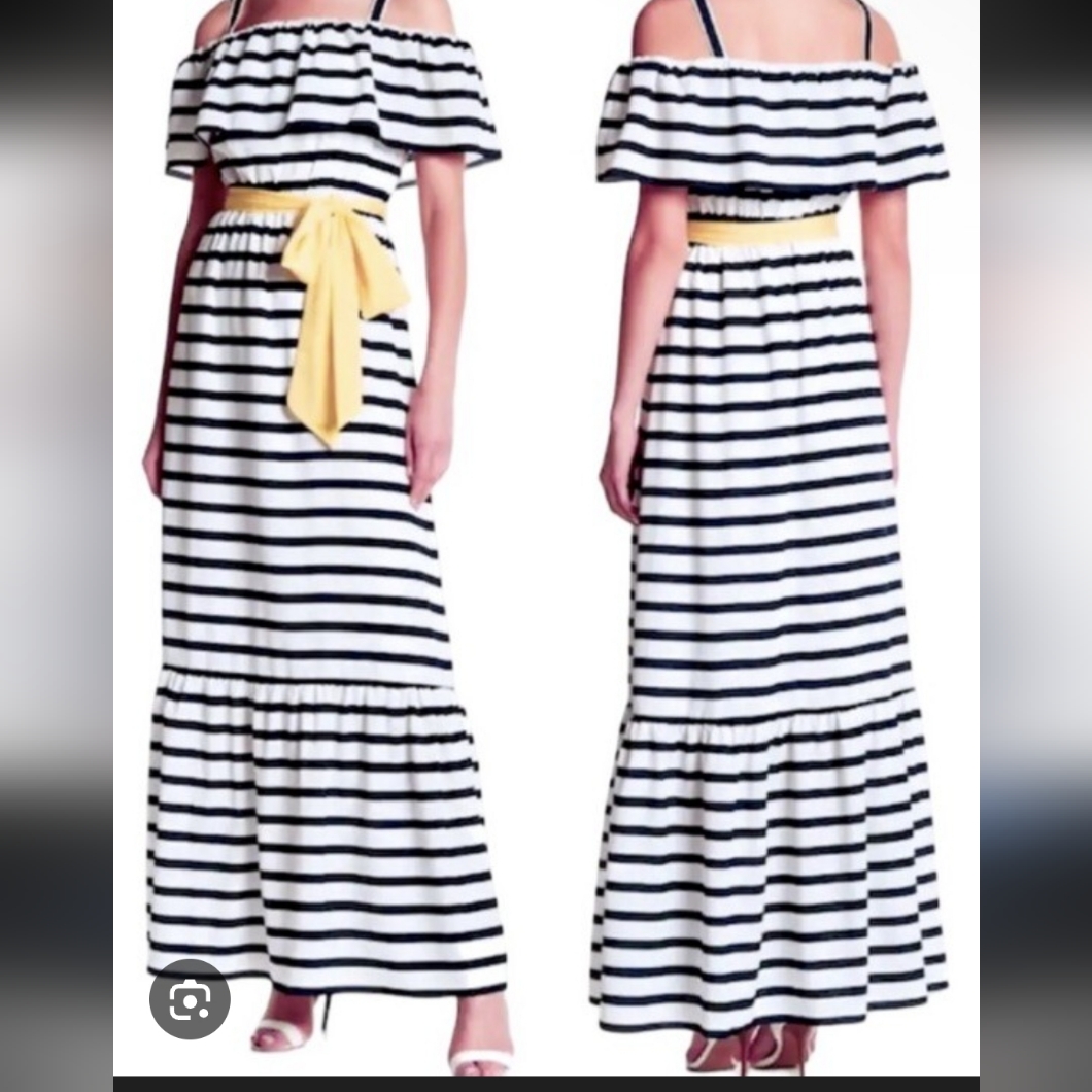 Eiza J,Striped Off-Shoulder Maxi Dress With Yellow Accent Size 8